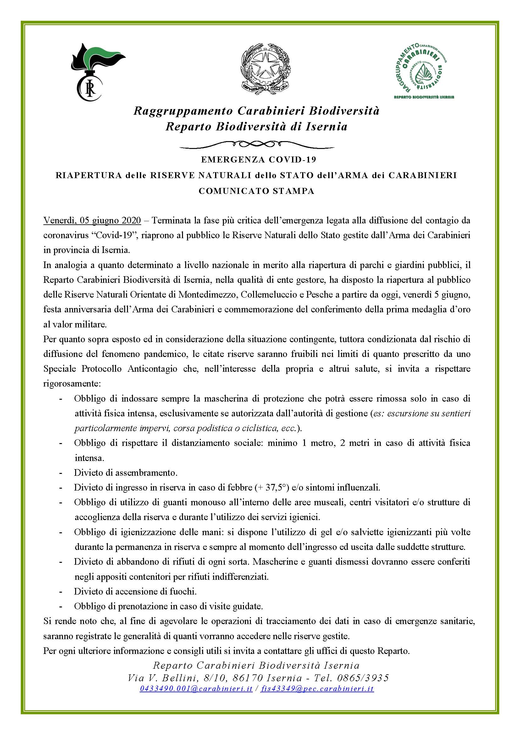 RIAPERTURA RISERVE - COMUNICATO STAMPA